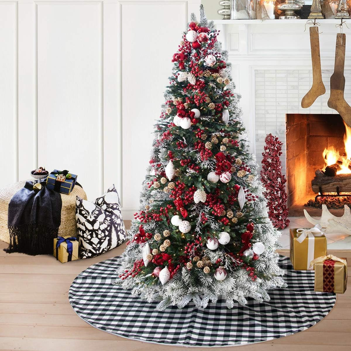 24 Inches Christmas Tree Skirt Black and White Plaid Buffalo Double Layers Checked Deco for Holiday Party Mat Xmas Ornaments