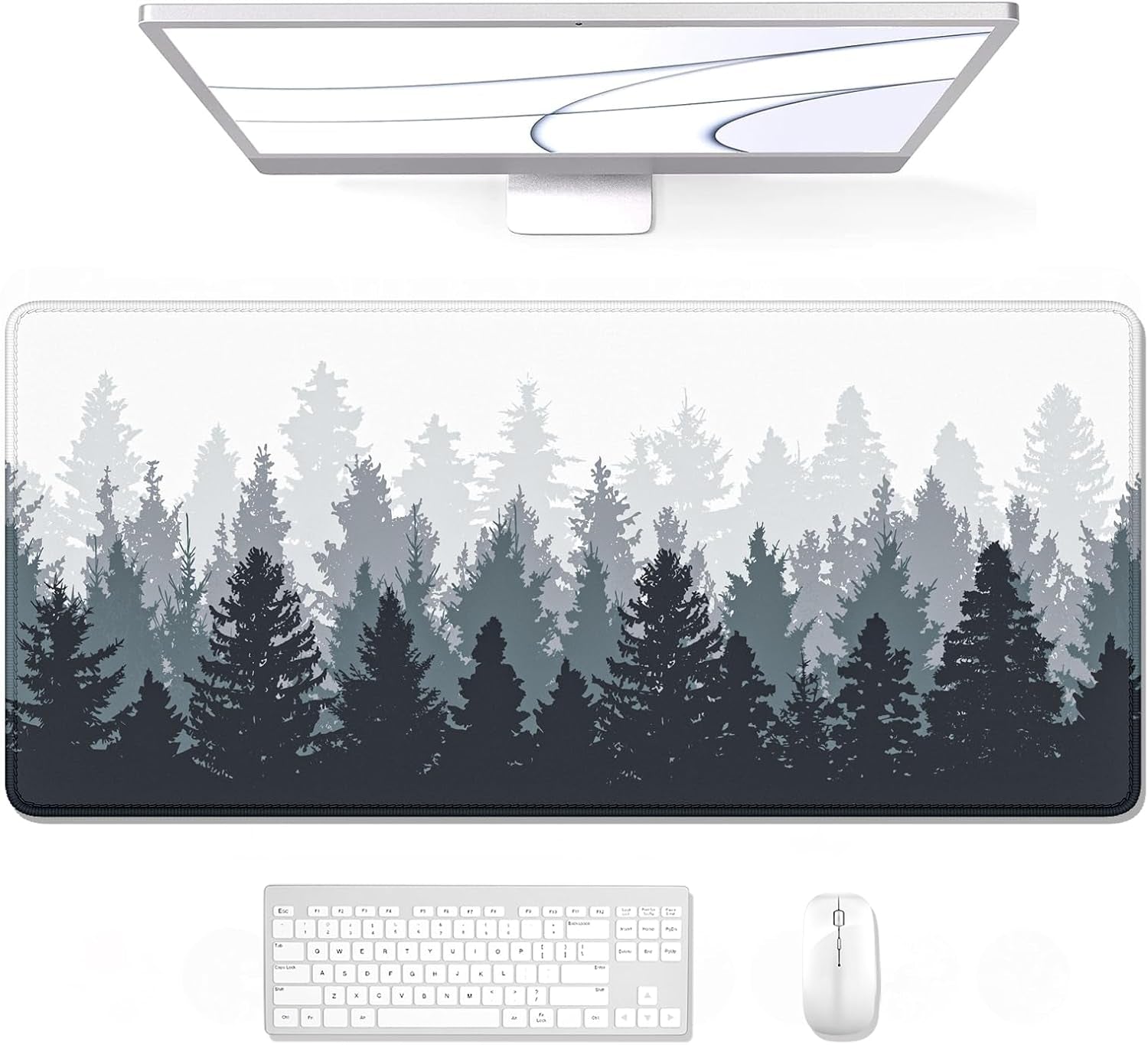 Large Gaming Mouse Pad, Forest Theme XXL 35.4 X 15.7 in Desk Pad Stitched Non-Slip Rubber Long Computer Mousepad Thin Extended Full Size Desk Mat for Desktop, Laptop, Wireless Mice, White